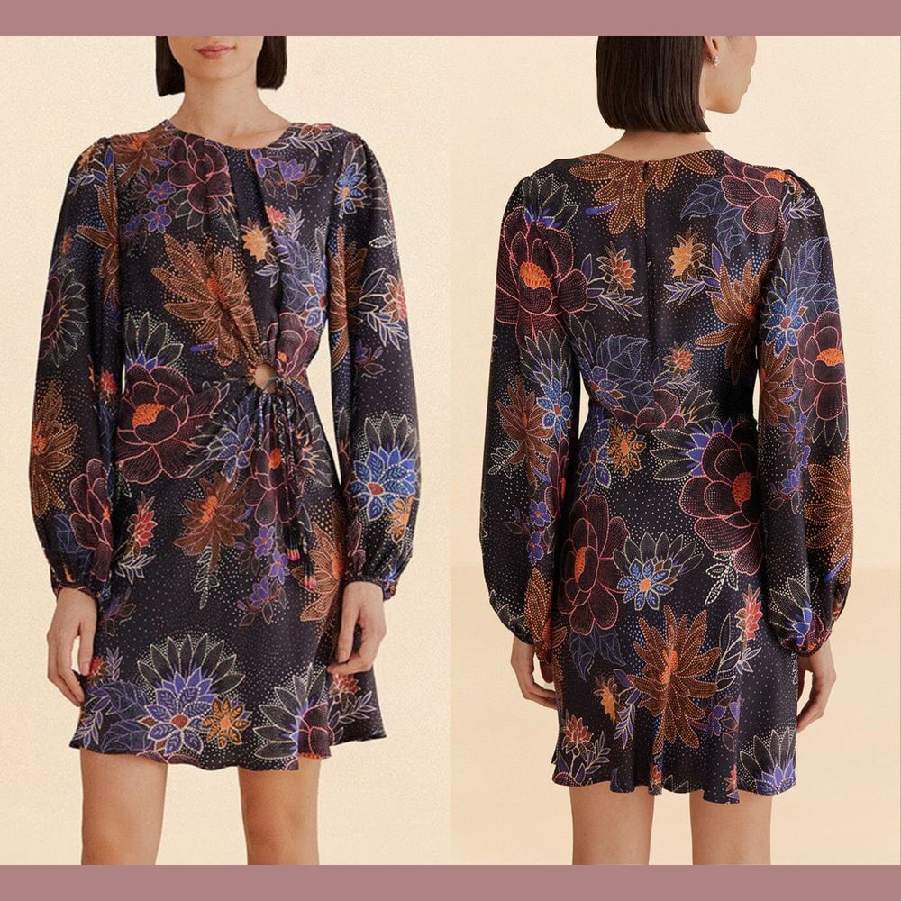 NWT $225 Farm Rio [ Small ]‎ Black Sparkle Flowers Mini Dress #U1173